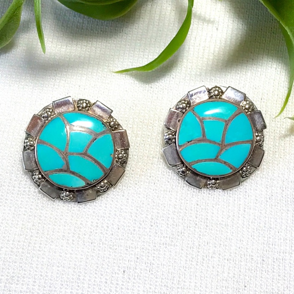 🌵Rare Vintage Zuni Chaido Earrings Inlaid Turquoise🌵 - Picture 1 of 6